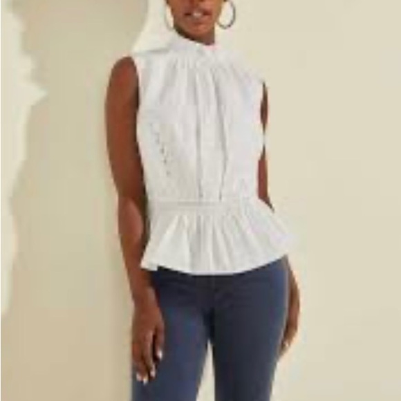 NWT Guess top Kora embroidered lace mock neck peplum style sleeveless blouse - Picture 4 of 10